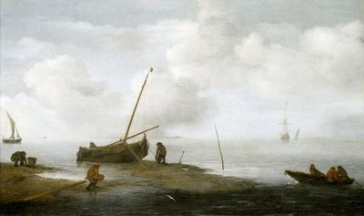 Kagylóhalászat, egy halászhajó a parton, és három férfi szorgalmasan gyűjti a kagylókat a kosarába. Olaj, vászon, 1622, Jan Porcellis (1580-1632) alkotása. alkotó: Jan Porcellis