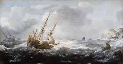 Hajók viharban a sziklás parton - Peinture de Jan Porcellis (1582/5-1632) - 1614-1618 - Olaj, fa - 35x67 - Hallwylska Museet, Stockholm alkotó: Jan Porcellis