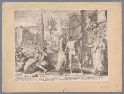 Jonge paren die poulet maken en dansen, 1596 Hatalmas kenyérstolich Moses Choragi Mereriti Chorei alatt, a kenyér szánalmas lett (...) (cím a tárgyon) alkotó: Jan Saenredam