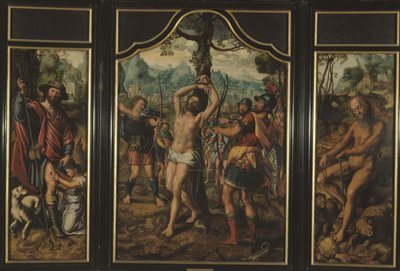 Szent Sebestyén mártíromságának triptichonja (középső kép): Szent Rókus (bal oldali tábla), Szent Onuphre (jobb oldali tábla), Szent Péter (jobb oldali tábla hátlapja), Szent István (bal oldali tábla hátlapja), 1525 és 1566 között (olaj). alkotó: Jan Sanders van Hemessen