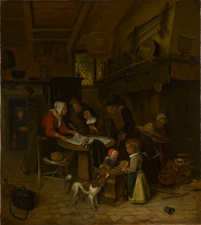 Jelenet egy parasztkonyhában, egy cseléddel, aki a ruhát teríti alkotó: Jan Steen
