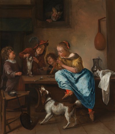Gyerekek tanítanak egy macskát táncolni, a "Táncórák" néven ismert alkotó: Jan Steen