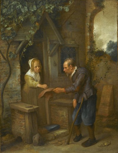 Fiatal lány alamizsnát ad egy öregembernek alkotó: Jan Steen