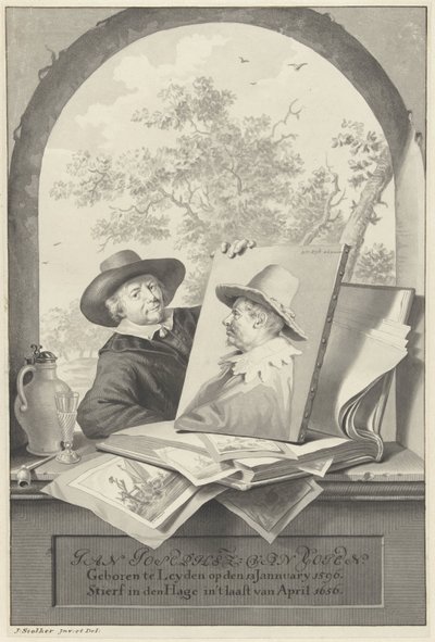 Férfi egy mappával rajzokkal és Jan van Goyen portréjával alkotó: Jan Stolker
