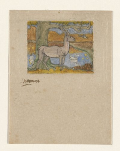 Szarvas egy fa mellett egy tó előtt Szarvas a fa közelében (eredeti cím) alkotó: Jan Toorop (signed by artist)