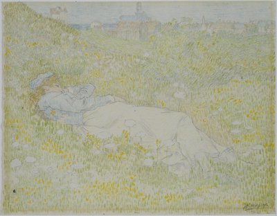 Nő feküdt a dűnékben Noordwijk közelében Lány feküdt a fűben, Noordwijk sziluettje a háttérben alkotó: Jan Toorop