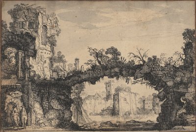 Tájkép romokkal (recto); női fej és állatok (verso) alkotó: Jan Van de Velde