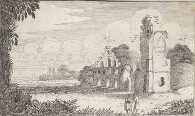 Táj egy romos templommal és két pásztorral beszélgetve alkotó: Jan Van de Velde