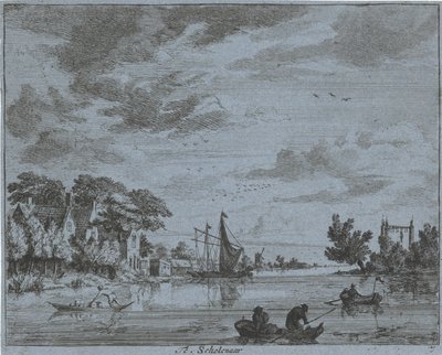 Üzlet a folyón Te, Iskolás (cím a tárgyon) Haarlem tájai (sorozat címe) Gesigten Haarlemen kívül, Kész. J.V.V. (sorozat címe az objektumon) alkotó: Jan Vincentsz. van der Vinne