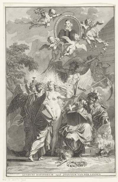 Allegorikus címlap Edward Simson író portréjával Címlap ehhez: Edward Simson, Chronicon historiam catholicam complectens, 1729 alkotó: Jan Wandelaar