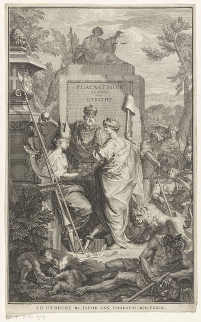 Allegorikus ábrázolás Utrecht alapításával Helyezze el a könyv földjét Utrechtben (cím a tárgyon) Címlap a következőhöz: Johan van de Water, Utrecht államok összes táblabírósága, rendelete és rendelete, 1729. alkotó: Jan Wandelaar