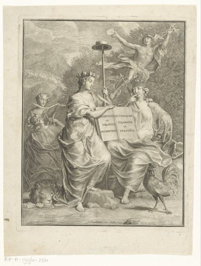 Az osztrák Hollandia és Franciaország megszemélyesítései Holland és francia szótár / Dictionnaire Flamand et François (cím a tárgyon) Címlap ehhez: François Halma, A nagy francia és nederduitsch szótár, 1761 alkotó: Jan Wandelaar