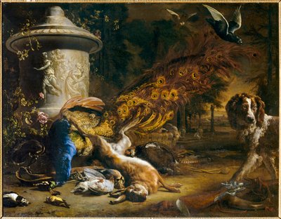 Csendélet pávával és kutyával vagy A vadászat termékei. 1696 ... alkotó: Jan Weenix
