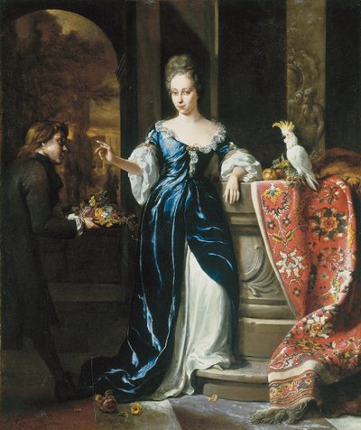Lodewina Schey portréja kék ruhában, virágokat hordozó kísérővel alkotó: Jan Baptist Weenix