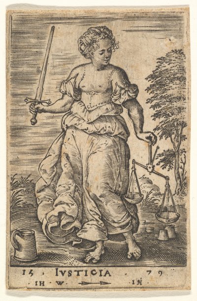 Az igazságszolgáltatás, egy allegorikus alak, aki bal kezében mérleget, jobbjában kardot tart..., 1579. alkotó: Jan Wierix