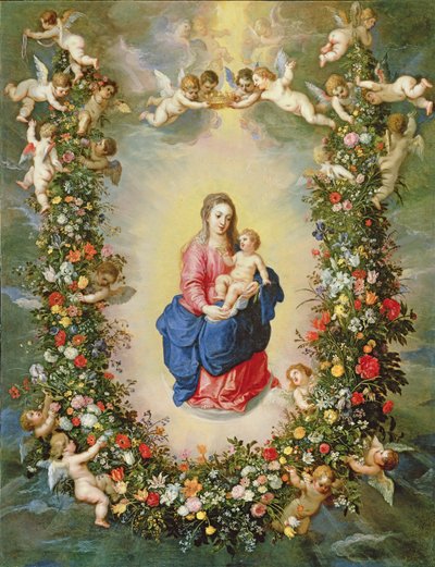 A Szűz és a Gyermek kerubok által magasra emelt virágfüzérrel körülvéve, 1624 körül (olaj, réz) alkotó: Jan and Balen, Hendrik van Brueghel