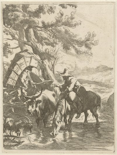 Pásztor és csomagolt fiú egy patak mellett Tájak állatokkal (sorozat címe) Diversa Animalia (sorozat címe az objektumon) alkotó: Jan de Visscher
