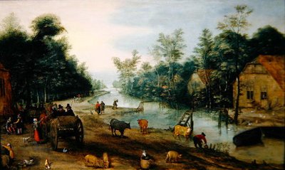 Nyári erdős folyó táj fogadóba érkező utazókkal (olaj a panelen) alkotó: Jan the Elder (circle of) Brueghel