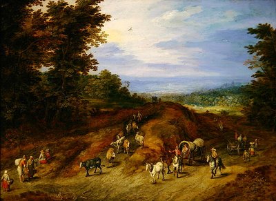 Táj parasztokkal, szekerekkel és állatokkal (olaj, réz) alkotó: Jan the Elder Brueghel