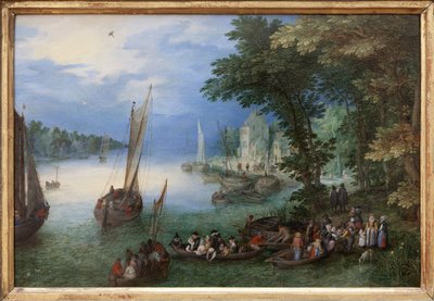 Folyói jelenet vagy a bárka, Jan Brueghel olajfestménye rézre, Brueghel de Velours (1568-1625), 1605 körül. Mérete: 24 x 36 cm. Fényképészet, KIM Youngtae, Nantes, Musee des Beaux Arts de Nantes. alkotó: Jan the Elder Brueghel