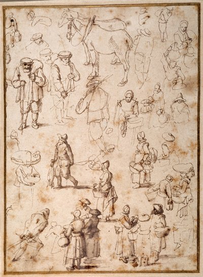 Tanulmányok parasztokról az életből (toll és tinta mosással papíron) alkotó: Jan the Elder Brueghel