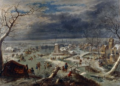 Téli táj korcsolyázókkal a fagyos vízi úton egy falu mellett, egy vadász az előtérben, Antwerpen túl, alkotó: Jan the Elder Griffier