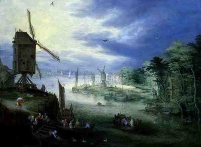 Folyói táj szélmalmokkal (olaj a panelen) alkotó: Jan the Younger Brueghel