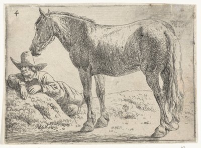 Álló ló pihenő lovassal Tájképek lovakkal (sorozat címe) alkotó: Jan van Aken