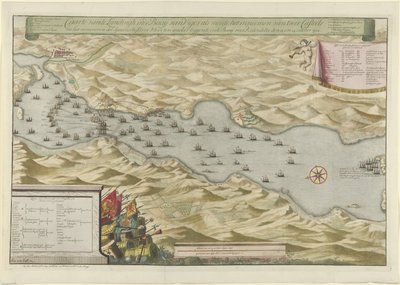 A vigói öböli csata és a spanyol ezüstflotta elfoglalása, 1702 Caarte vande Landingh a Vigos-öbölben két Casteel elfogásának és a Baayban horgonyzó spanyol ezüstflotta elfogásának részeként a Redondella den számára. alkotó: Jan van Call (I)