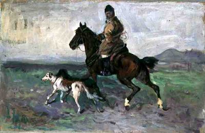 Lovas agárral, 1890 körül (olaj a fedélzeten) alkotó: Jan van Chelminski