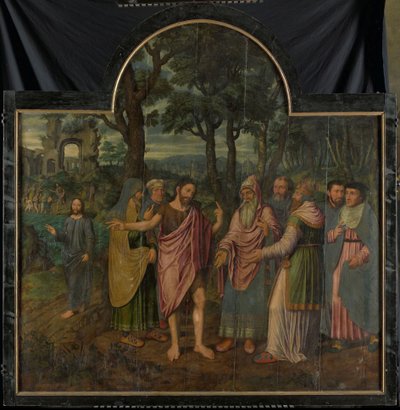 Keresztelő János int a farizeusoknak, egy triptichon központi táblája alkotó: Jan van Coninxloo (II)