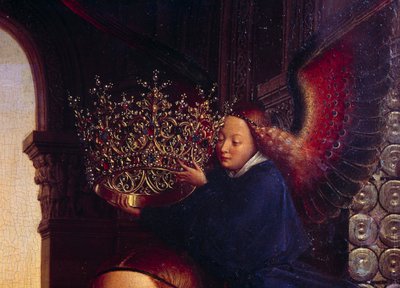 Egy angyal megkoronázza a Szűzanyát. Részlet a "" Rolin kancellár szűzéről"" Nicolas Rolin (1376-1461) volt Burgundia kancellárja Philippe Le Bon vezetésével és a Hospices de Beaune alapítója 1443-ban. Jan van Eyck (1390-1441) festménye alkotó: Jan van Eyck