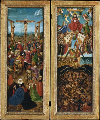 A keresztre feszítés; Az utolsó ítélet, 1440-41 körül (fáról átvitt olaj, vászon) alkotó: Jan van Eyck
