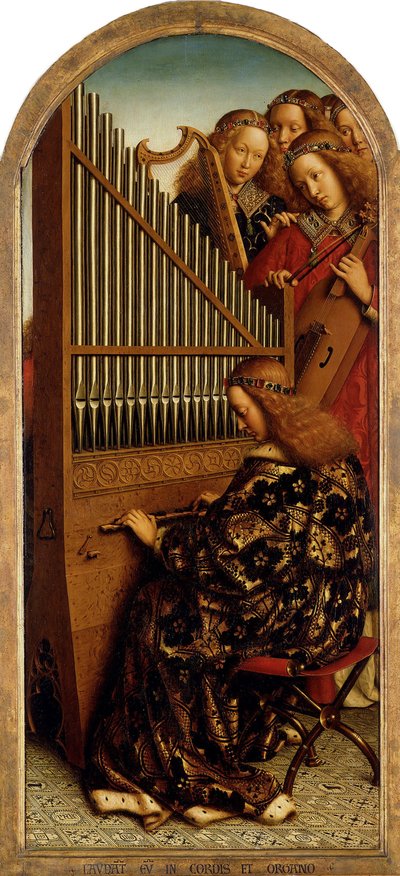 A genti oltárkép. A misztikus bárány imádása: Muzsikáló angyalok, 1432. alkotó: Jan van Eyck