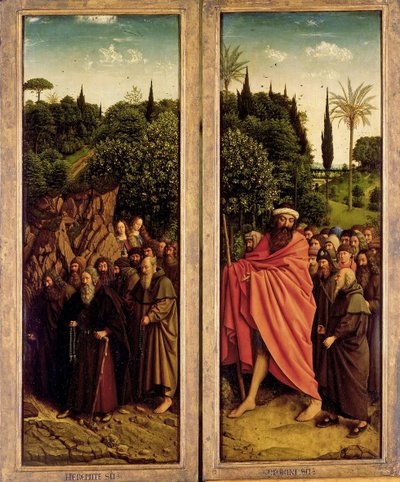 A genti oltárkép. A misztikus bárány imádása: A szent remeték és a szent zarándokok, 1432. alkotó: Jan van Eyck