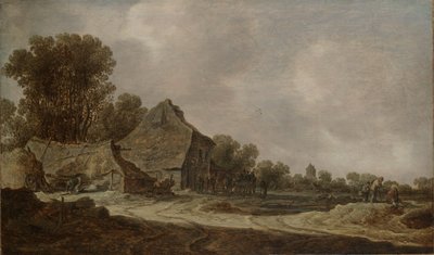 Homokos út nádfedeles kunyhókkal alkotó: Jan van Goyen