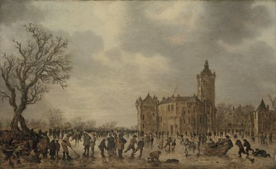 Téli táj a jégen desportáló figurákkal a Montfoort kastély mellett alkotó: Jan van Goyen