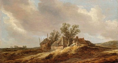 Kiterjedt dűnés táj egy parasztház előtt pihenő parasztokkal alkotó: Jan van Goyen