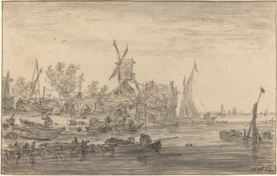Foreshore jelenet szélmalommal alkotó: Jan van Goyen