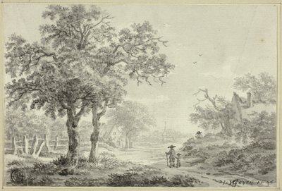 Férfi és fiú sétál a falusi úton alkotó: Jan van Goyen