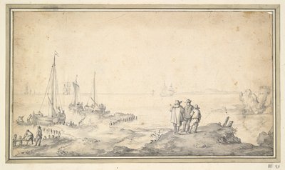Három figura egy dűnén, kilátással az öbölre hajókkal alkotó: Jan van Goyen