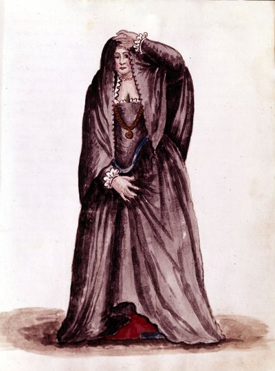 Velencei udvarhölgy a 18. században. Akvarell rajz és tus Jan van Grevenbroeck (vagy Giovanni Grevembroch (Grevenbroch) (1731-1807) „A velencei szokások” című kéziratából alkotó: Jan van Grevenbroeck