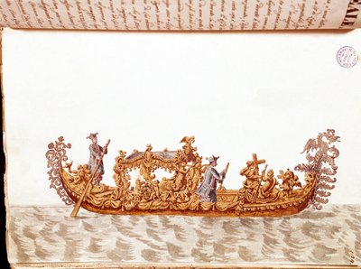 Királyi gondola – Akvarell rajz és tus a „Velencék szokásai” című kéziratából, Jan van Grevenbroek (vagy Giovanni Grevenbroich (Grevenbroich) (1731-1807)) alkotó: Jan van Grevenbroeck