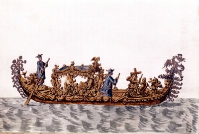 Egy királyi gondola. Akvarell rajz és tus Jan van Grevenbroek (vagy Giovanni Grevenbroich (Grevenbroich) (1731-1807) „A velencei szokások” című kéziratából alkotó: Jan van Grevenbroeck