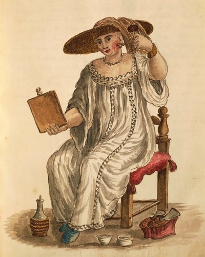 Sminkelő hölgy, Jan van Grevenbroeck vagy Giovanni Grevembroch (1731-1807), Gli Abiti de Veneziani, illusztrált jelmezkönyvből, akvarell alkotó: Jan van Grevenbroeck