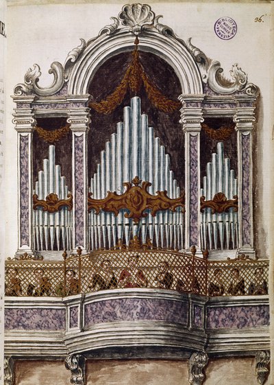 Árvák éneke, a velencei Ospedale della Pieta templom kórusának orgonája (Árvák kórusa) Akvarell rajz és tus Jan van Grevenbroeck (vagy Giovanni Grevembroch (Grevenbroch)) „Velencei szokások” című kéziratából (1731- 1807) alkotó: Jan van Grevenbroeck