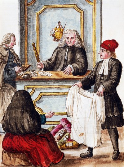 Zálogház, illusztráció a Velencei viseletek illusztrált könyvéből, Jan Grevenbroeck (1731-1807), akvarell, Olaszország alkotó: Jan van Grevenbroeck
