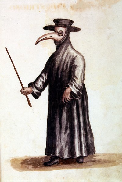Pestis elleni védőruházat a 18. században. alkotó: Jan van Grevenbroeck