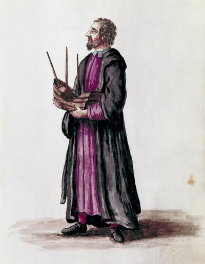 Egy haditengerészeti építész ábrázolásaként az általa épített hajó miniatűr makettjét tartotta a kezében Detail. Akvarell rajz és tus Jan van Grevenbroeck (vagy Giovanni Grevembroch (Grevenbroch) (1731-1807) „A velencei szokások” című kéziratából alkotó: Jan van Grevenbroeck