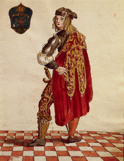 A Confraternity de la Calza lovag öltöny (harisnya) 1564-ben, Jan van Grevenbroeck vagy Giovanni Grevembroch (1731-1807), Gli Abiti de Veneziani, illusztrált jelmezkönyvből, akvarell alkotó: Jan van Grevenbroeck